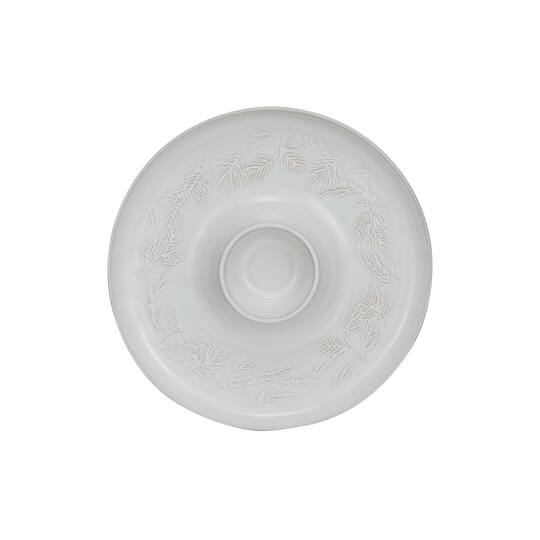 Hello Honey® 13.5" White Round Debossed Stoneware Chip & Dip with Pine Boughs in Reactive Glaze